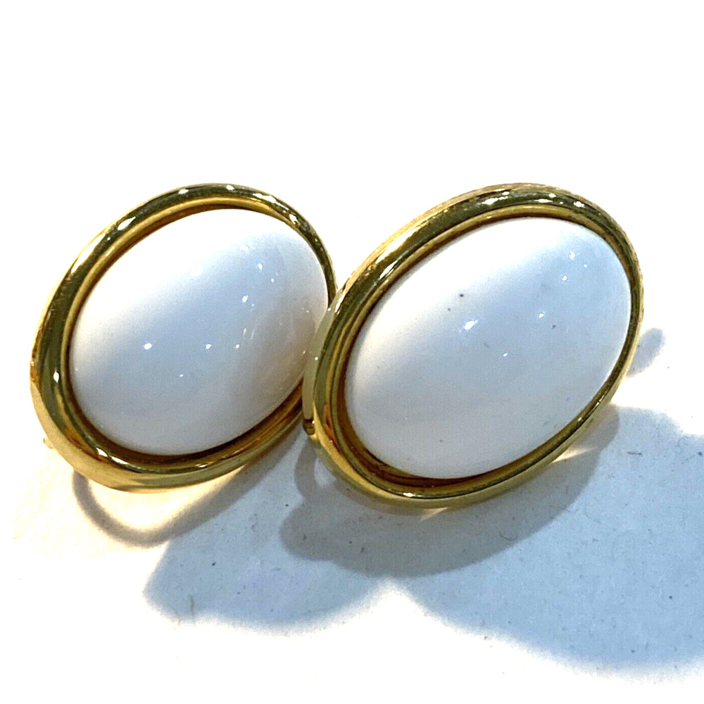 Vintage clip on earrings goldtone white enamel ovals retro conservative classics
